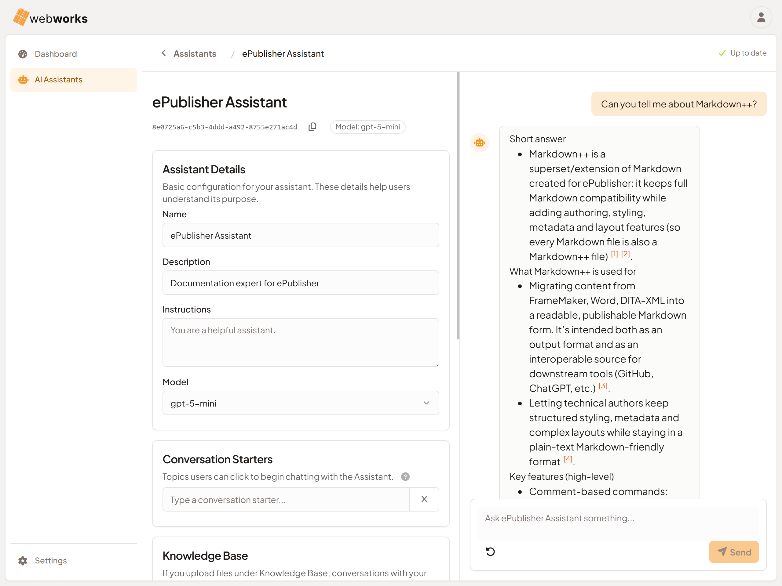 WebWorks Platform Assistant configuration page showing the Knowledge Base, prompt, and Assistant ID settings.