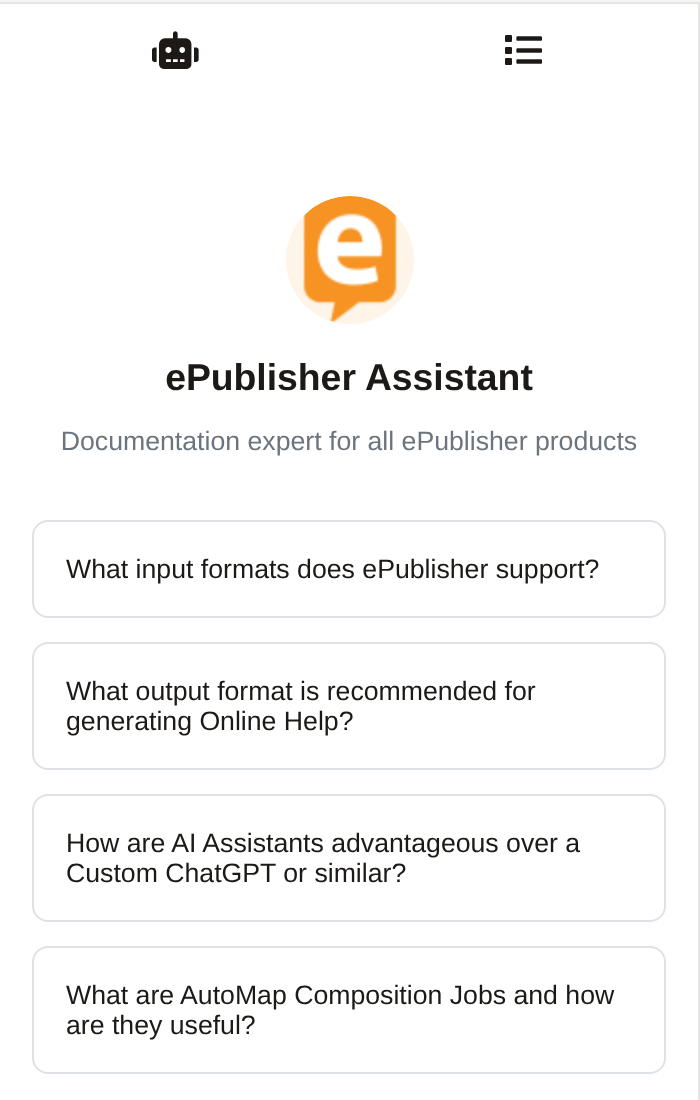 The ePublisher Assistant's welcome screen in the Reverb Menu of the live ePublisher help: its avatar, name, description, and four suggested questions.