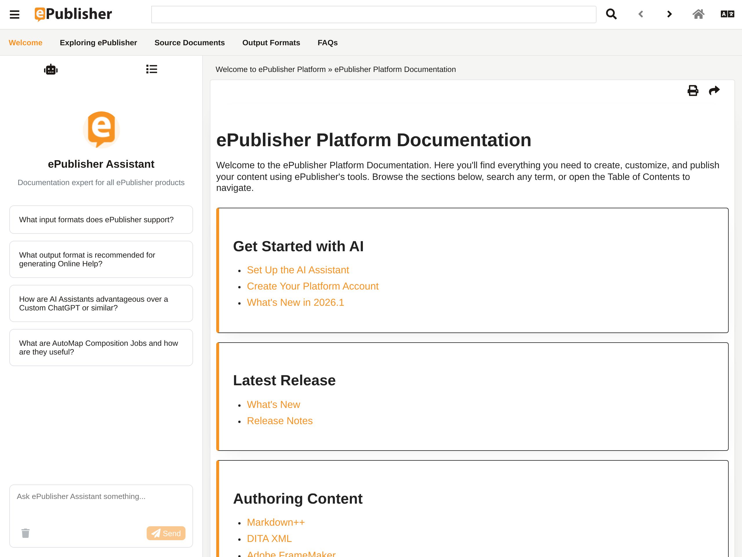 The WebWorks ePublisher help set with the ePublisher Assistant open in the Reverb Menu, showing its avatar and suggested questions ready to ask.