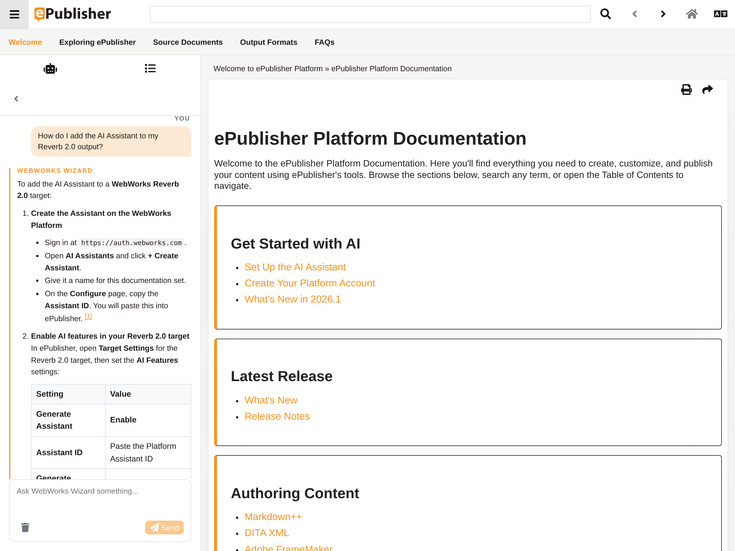 WebWorks Wizard answering a setup question inside the live ePublisher help, with step-by-step instructions and numbered citations.