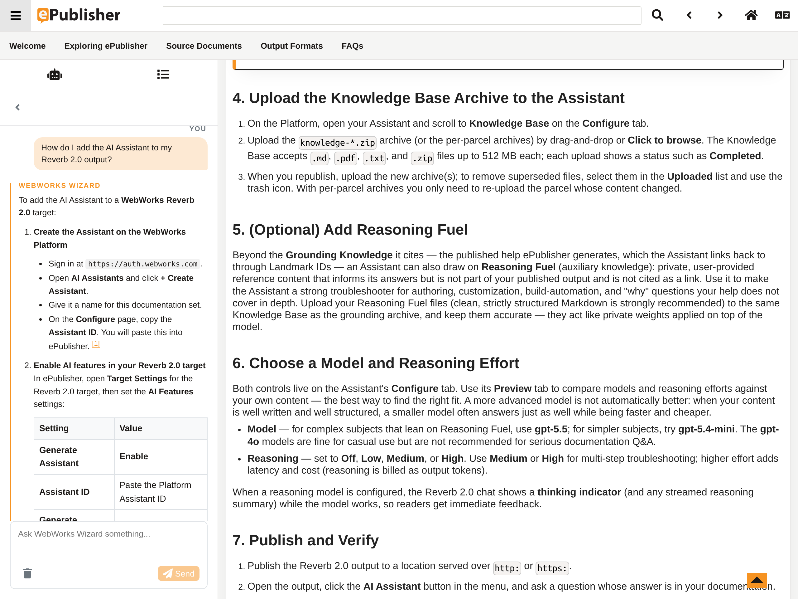 Published Reverb 2.0 help after clicking a citation: the Assistant's answer stays open while the topic shows the cited setup passage.